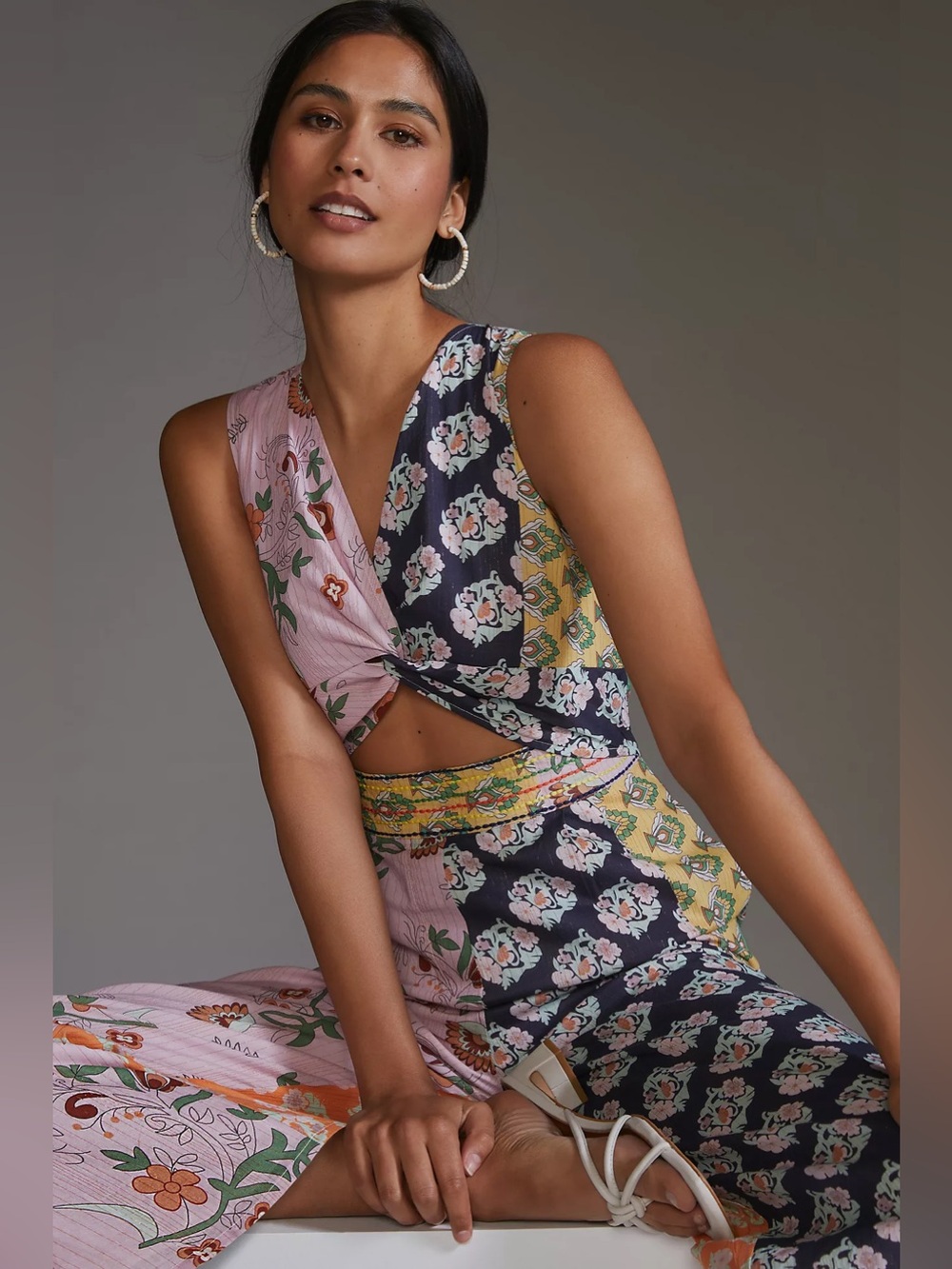 Anthropology Llani Floral Patchwork Cutout Jumpsuit in Pink, Navy & Yellow Sz M - Picture 3 of 9